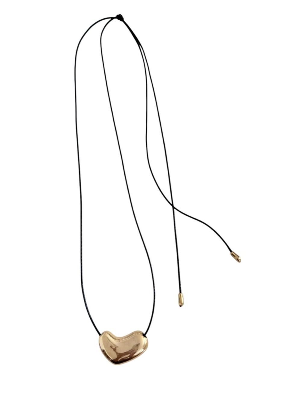 Revolve Sculpted Heart Bean Cord Necklace Gold Tone Black